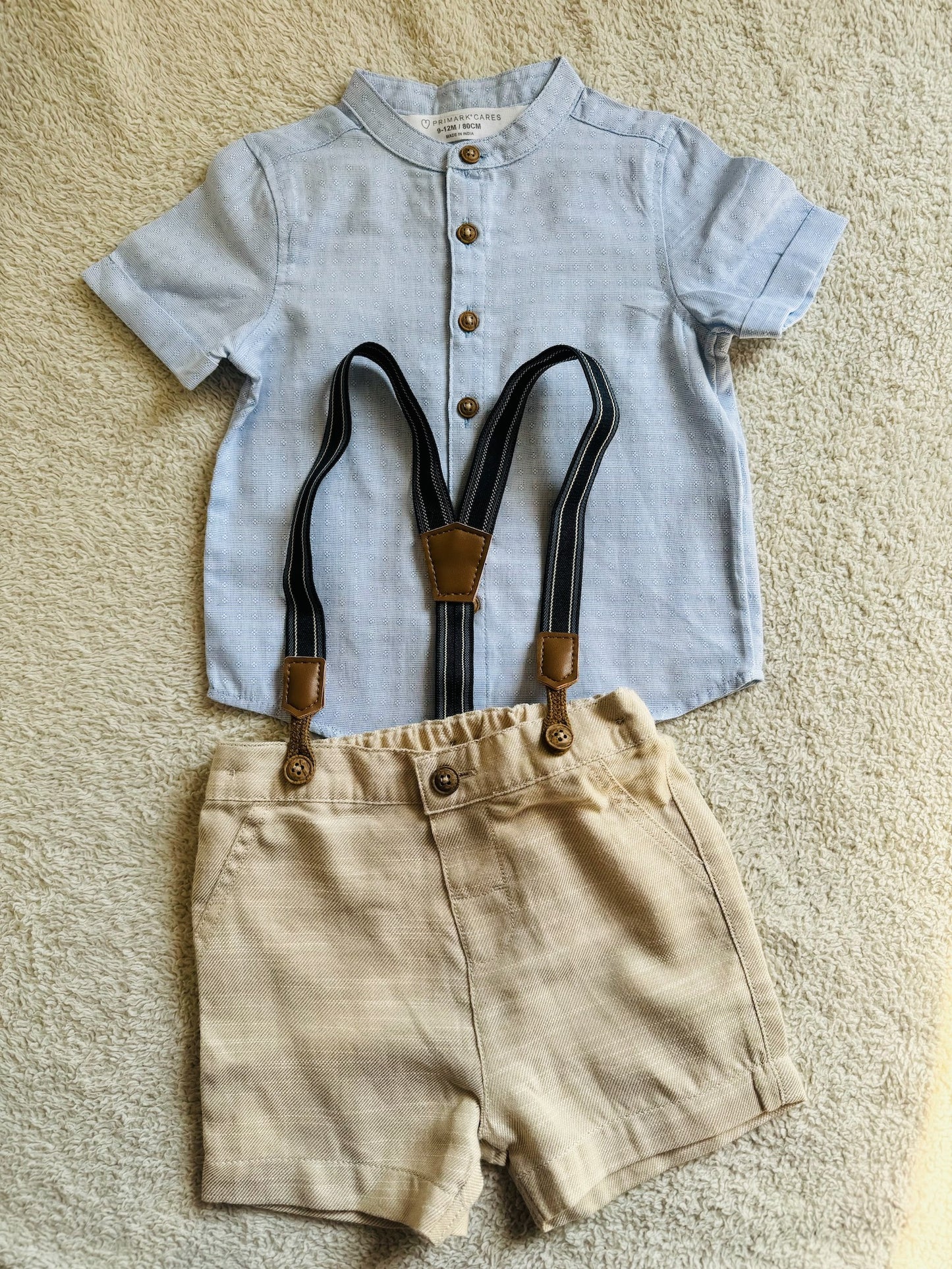 Blue Short Sleeve Shirt and Beige Shorts & Suspenders Set