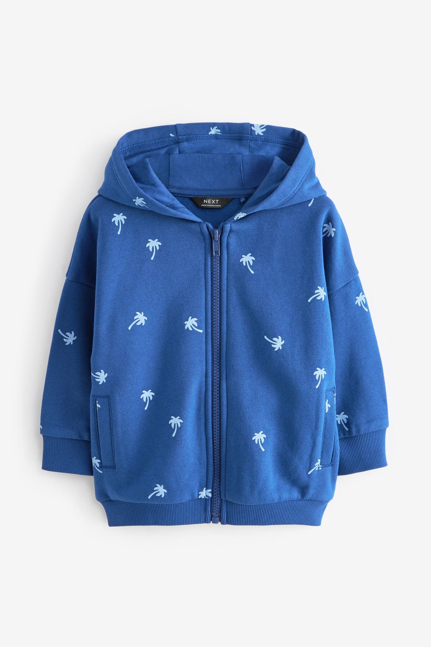 Cobalt Blue Palms All Over Print Jersey Zip Through Hoodie